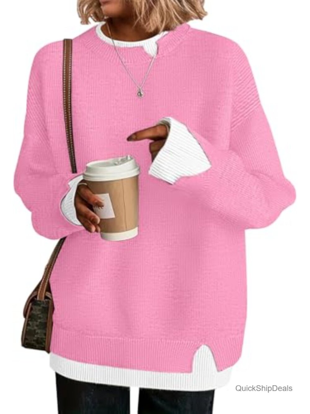 Womens Oversized Cutout Pullover Sweater Ribbed Knit Crew Neck Loose Fit